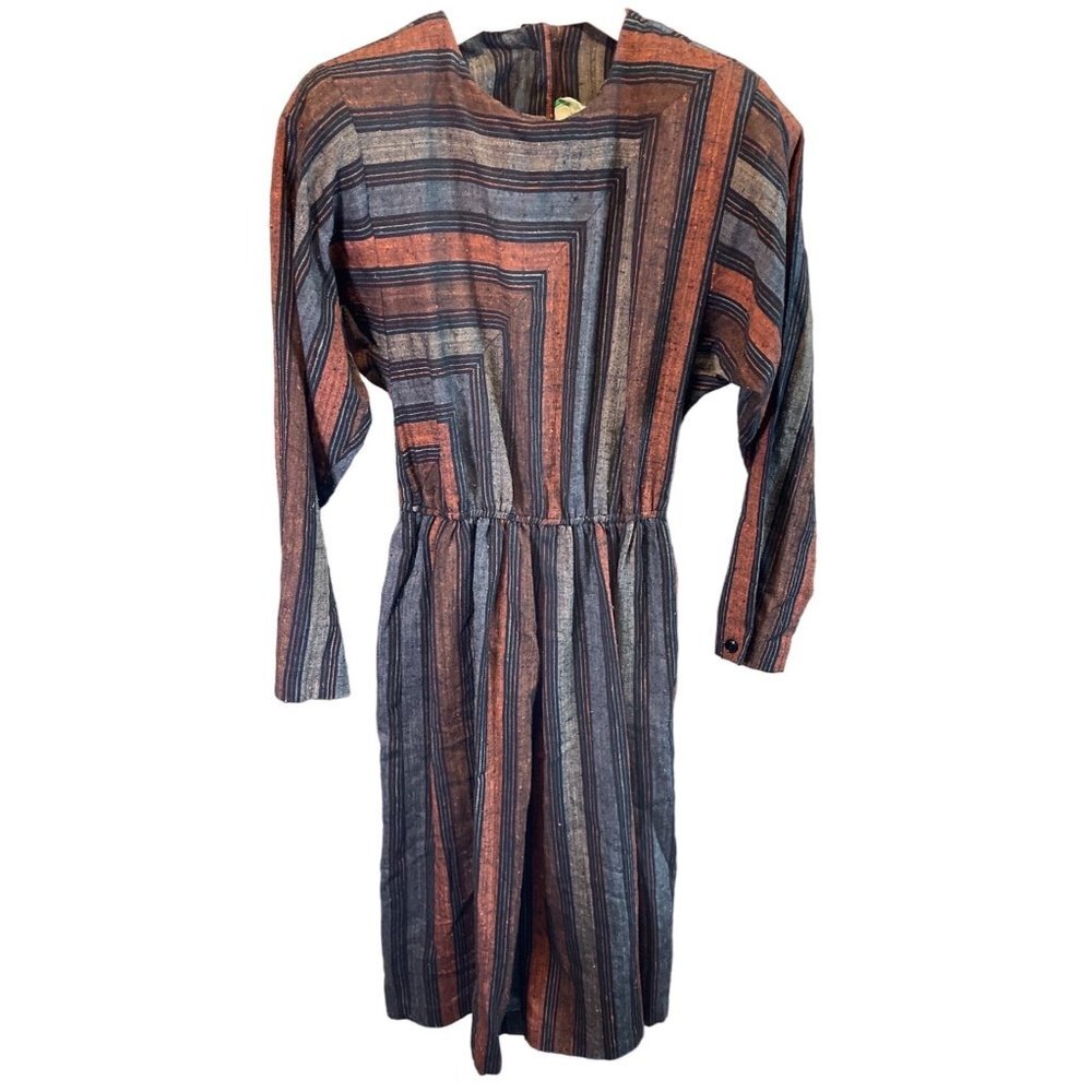 Vintage 80s Multicolor Striped Shoulder Pads Elastic Waist Long Sleeve Dress